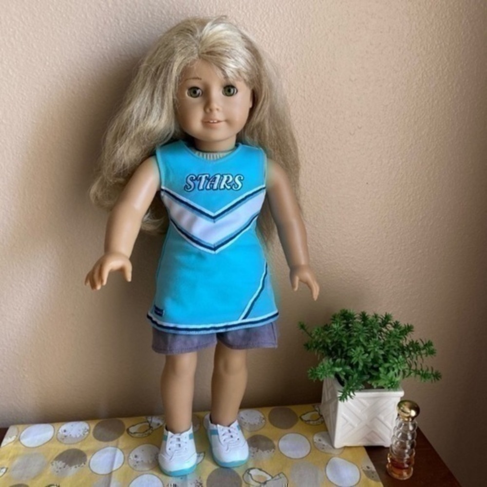 Blonde American Girl doll with cheerleader outfit